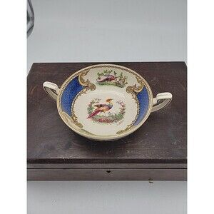 READ Vtg Myott Staffordshire Blue “CHELSEA BIRD” Soup Cup Double Handle Signed